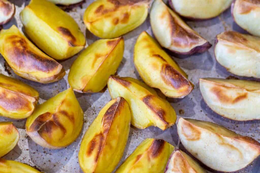 tray of roasted potato wedges