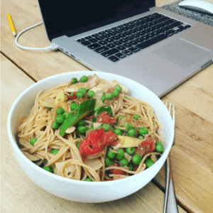 pasta primavera with whole wheat spaghetti by very veganish