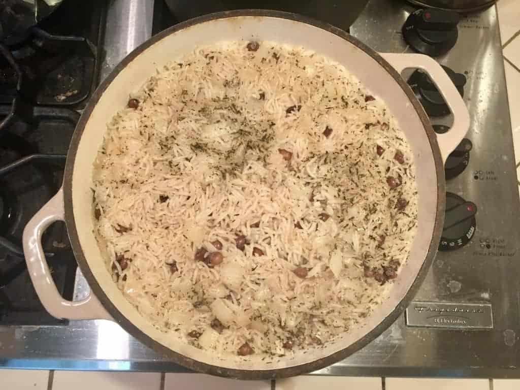 jamaican peas and rice in a pot