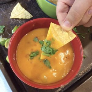 a chip with queso on it