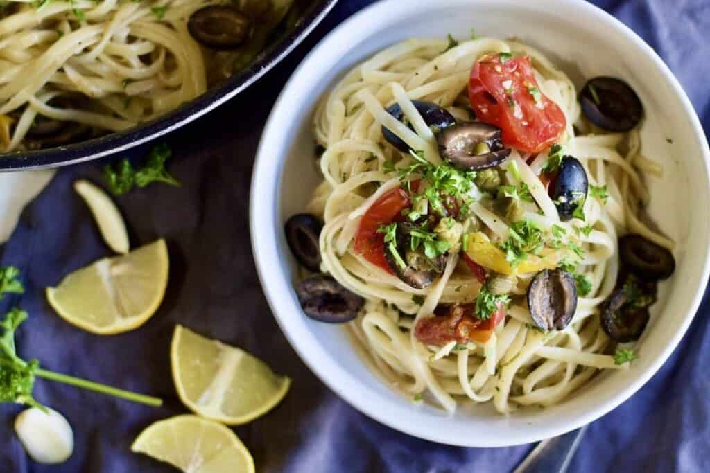 Bowl of pasta with lemon slices