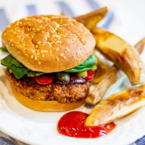 kidney bean burger with homemade fries
