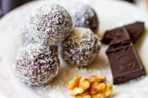 chocolate coconut date balls closeup