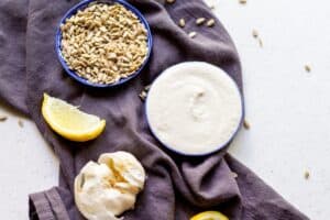 garlic, lemon slice and finished recipe