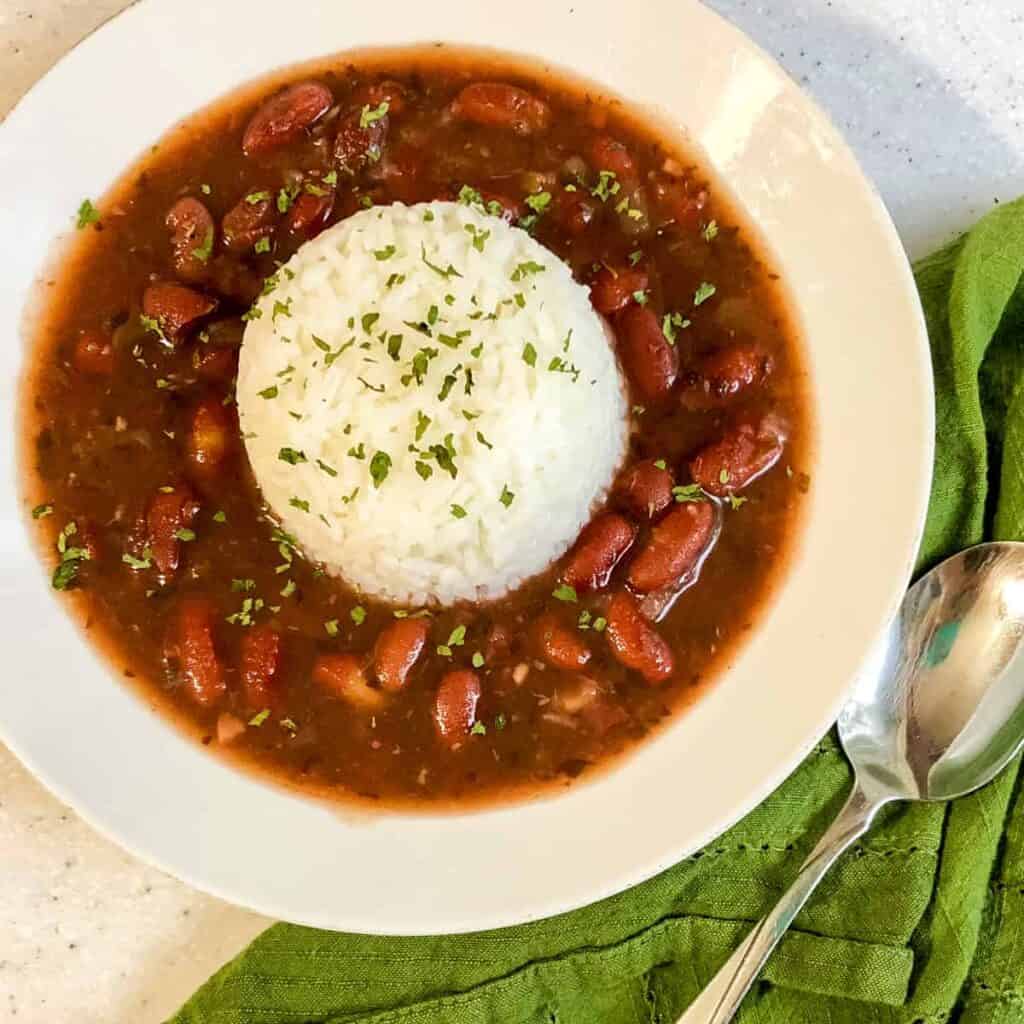 bowl of beans and rice with spoon