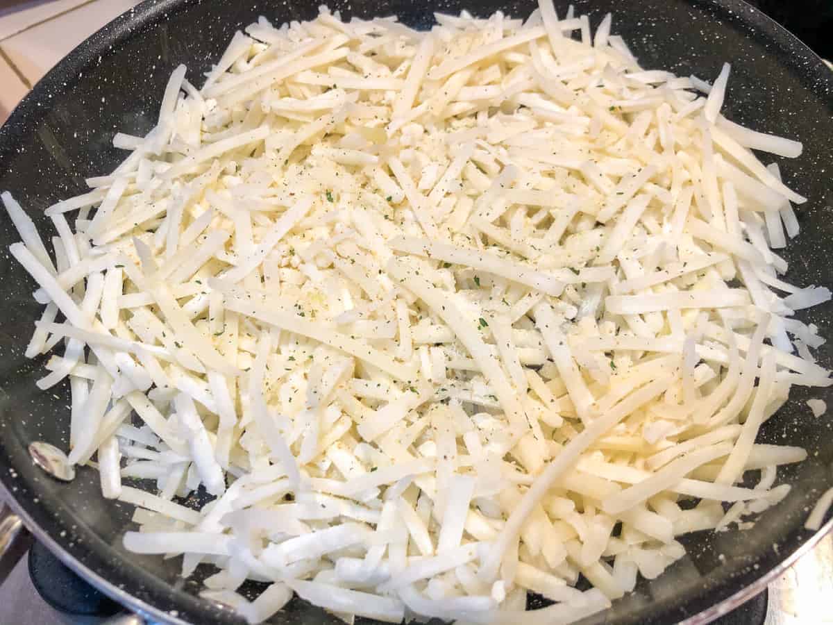 frozen hash browns in pan