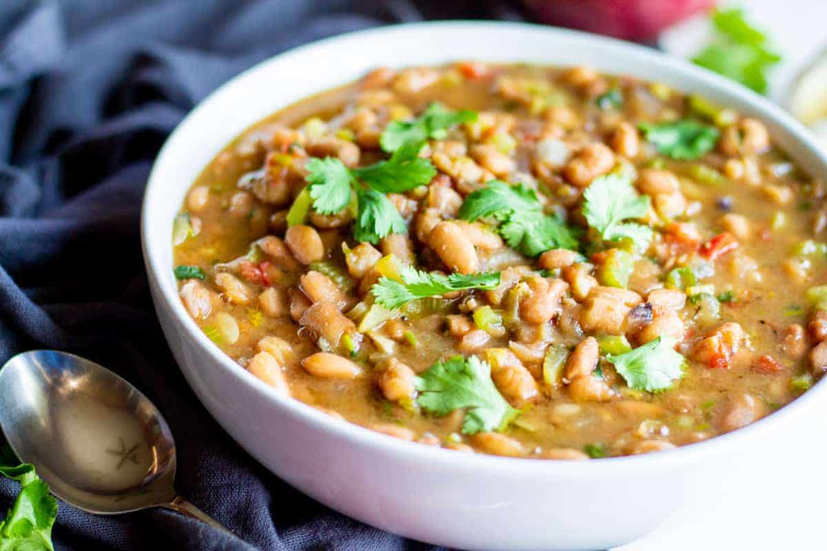 Mexican Charro Pinto Beans in Instant Pot or Crock Pot (vegan