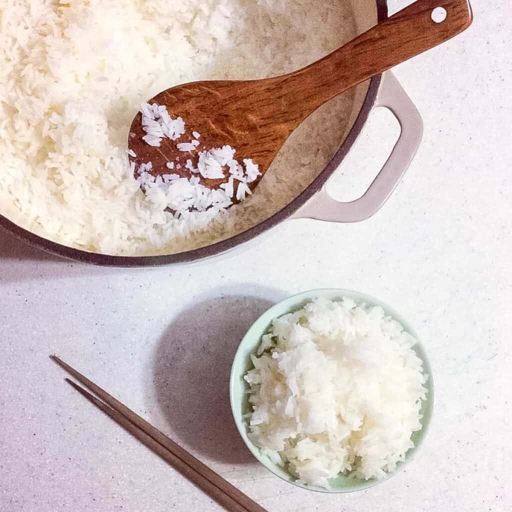 rice in pot and bowl