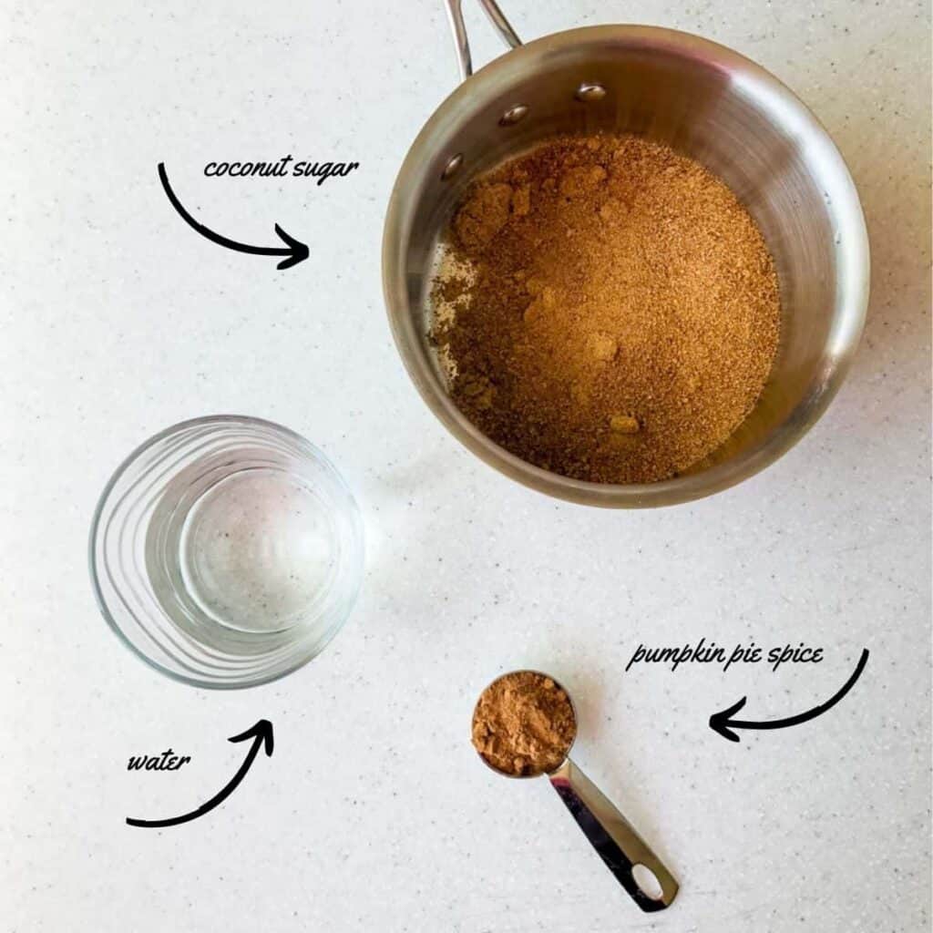 Ingredients for pumpkin spice simple syrup: coconut sugar, water, pumpkin pie spice