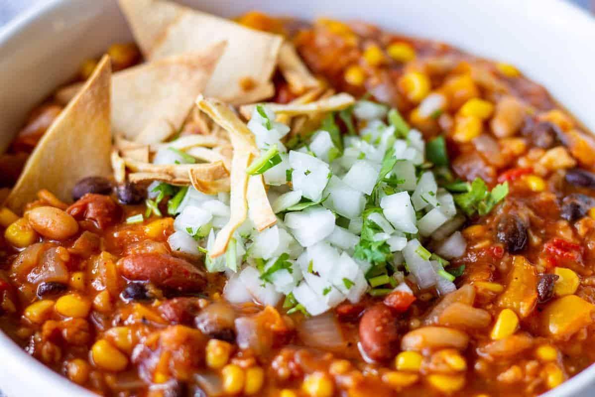 bowl of chili with toppings