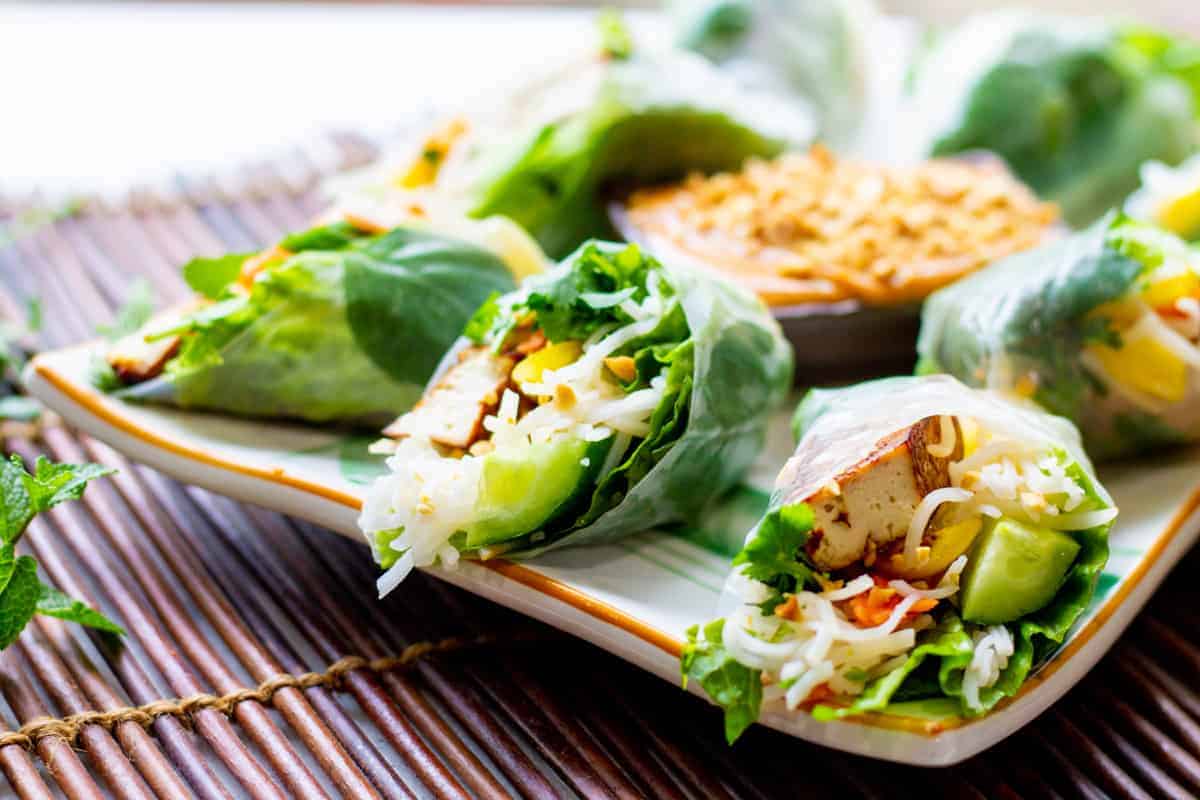 Rice Paper Rolls with Sriracha Baked Tofu and Peanut Dipping Sauce