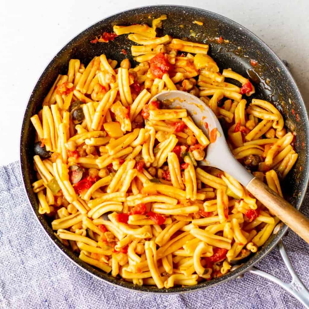 casarecce pasta with vegetables in pan