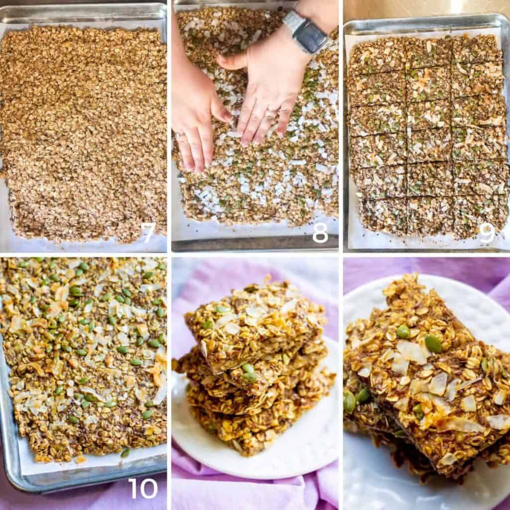 step by step instruction collage for how to make banana oat bars - steps 7-10 and finished dish