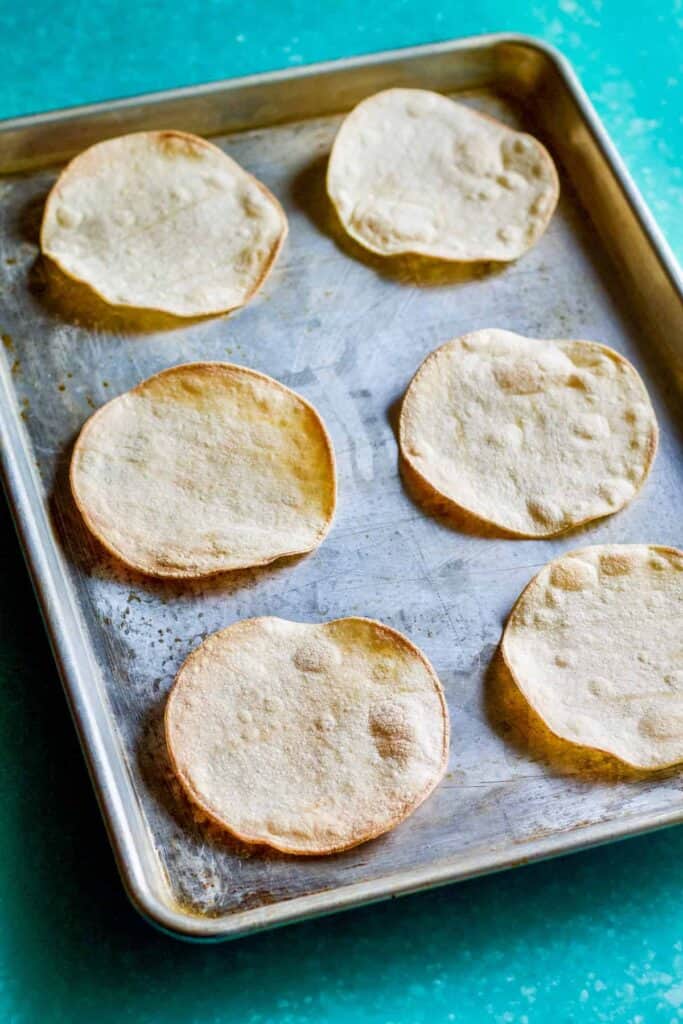 baked tostadas on sheet pan