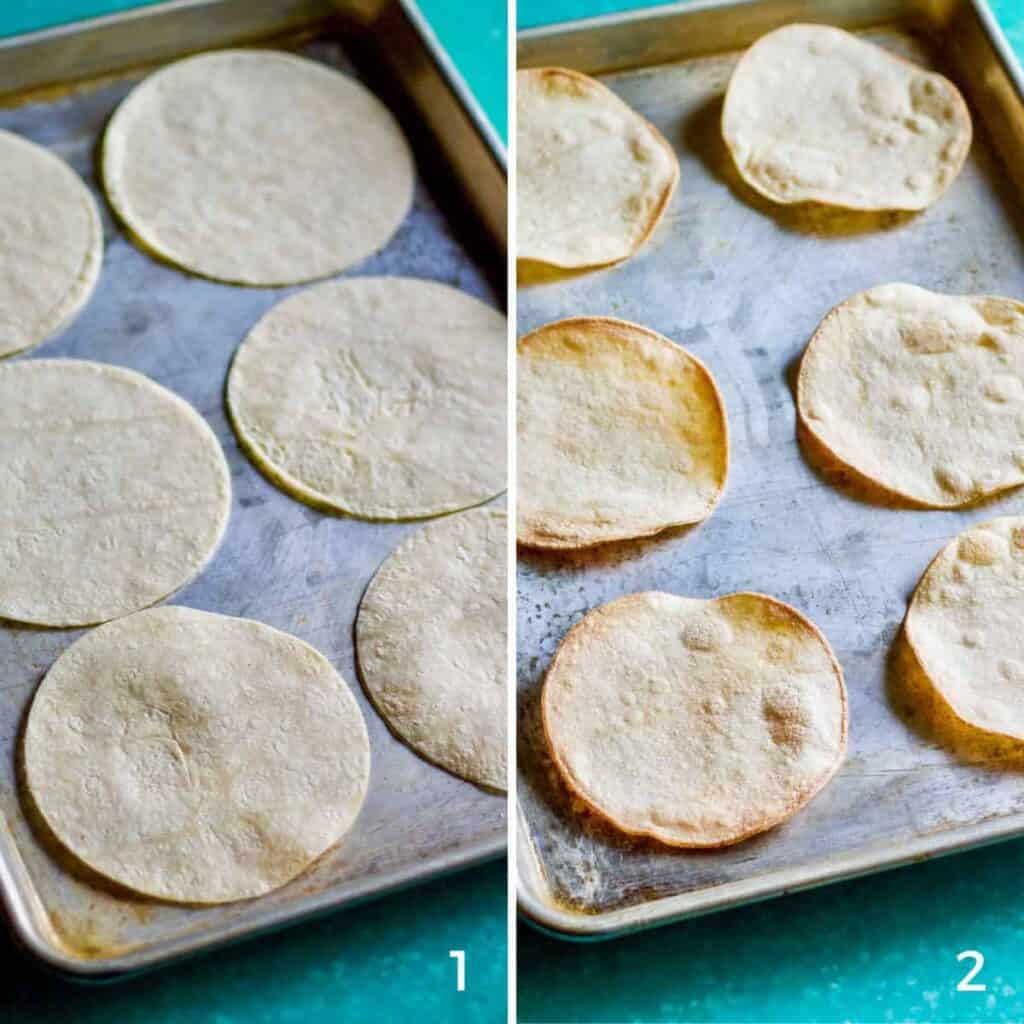 oven baked instructions before and after of making homemade tostada shells