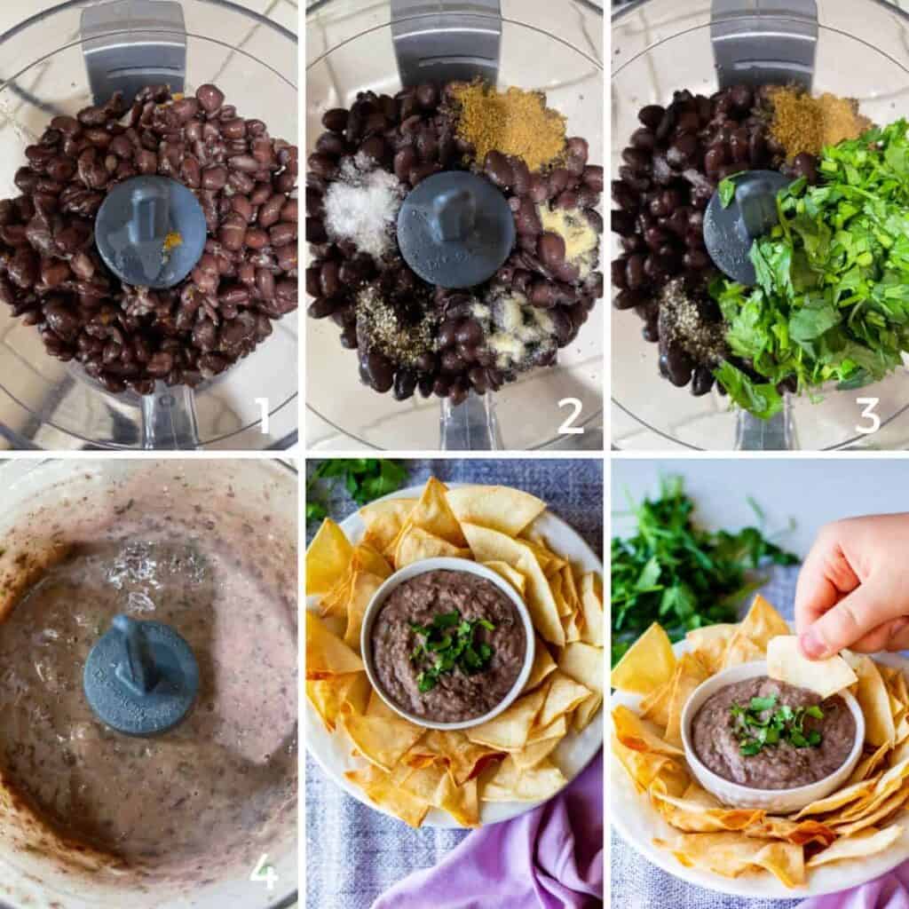 process collage of step by step instructions to make bean dip