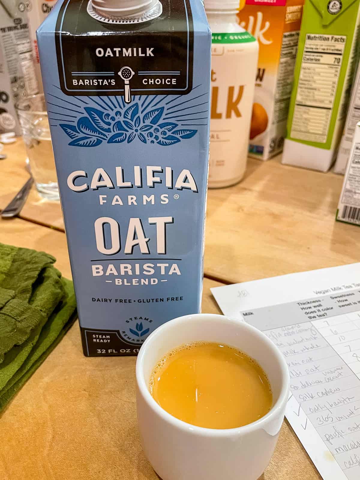 Carton of Califia Farms Oat Barista Blend with cup of black milk tea yorkshire gold in front
