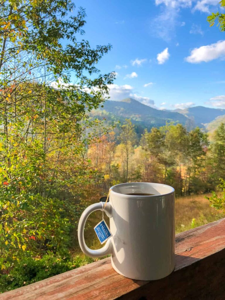 mug of scottish breakfast hot tea on porch in blue ridge mountains