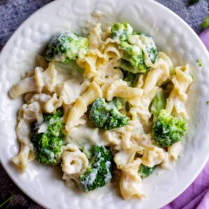 creamy pasta dish with broccoli in white bowl