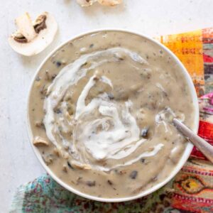 creamy dairy-free mushroom soup in bowl with cashew cream swirled in