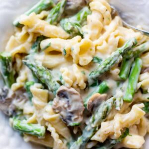 vegan creamy mushroom pasta with asparagus