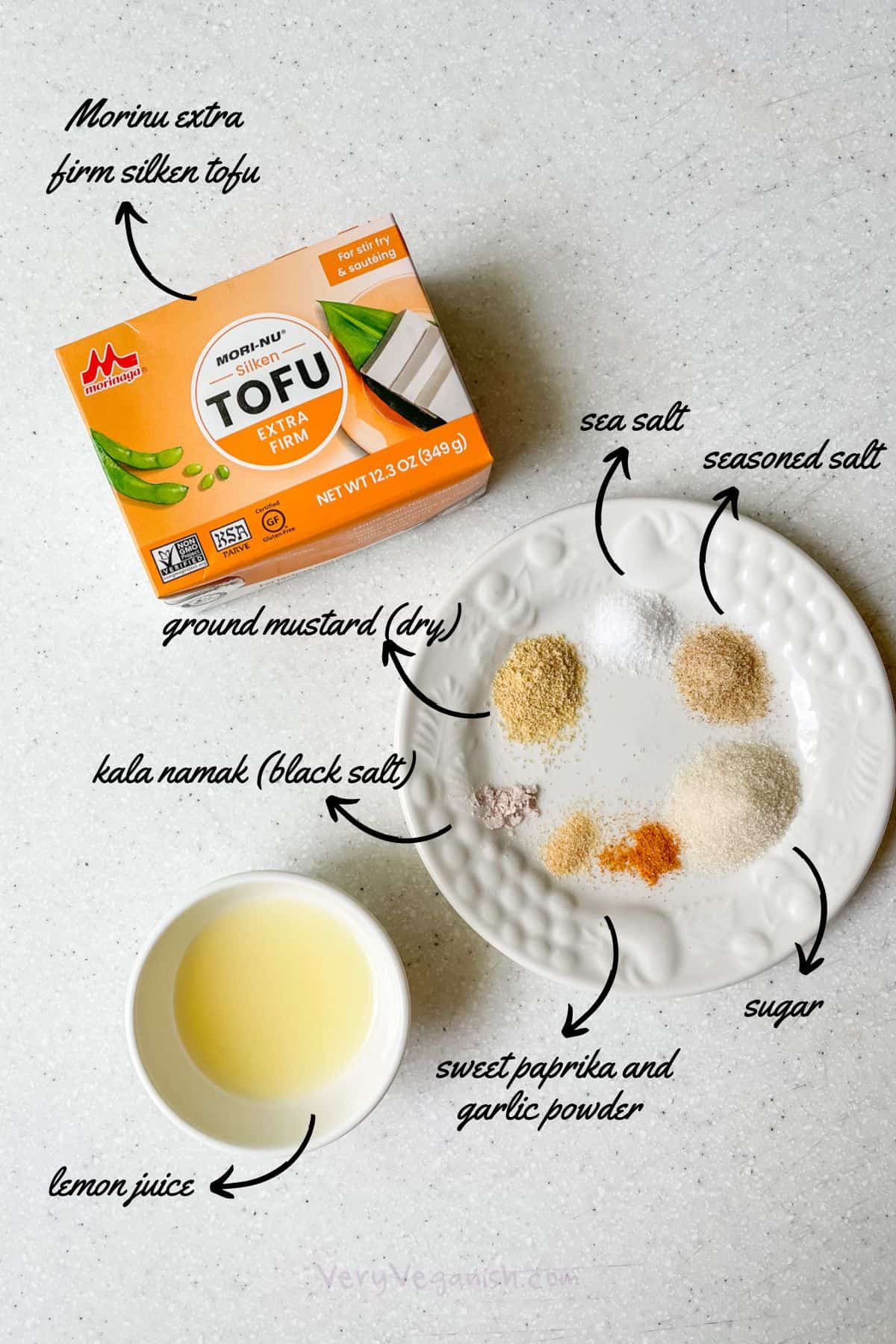 Ingredients for vegan miracle whip mayo: morinu brand extra firm silken tofu, lemon juice, ground dry mustard, sea salt, seasoned salt, kala namak black salt, sweet paprika, garlic powder and sugar