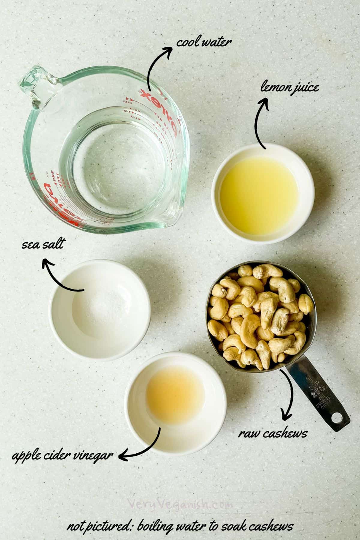 Ingredients for cashew sour cream: cool water, raw cashews, lemon juice, apple cider vinegar, sea salt