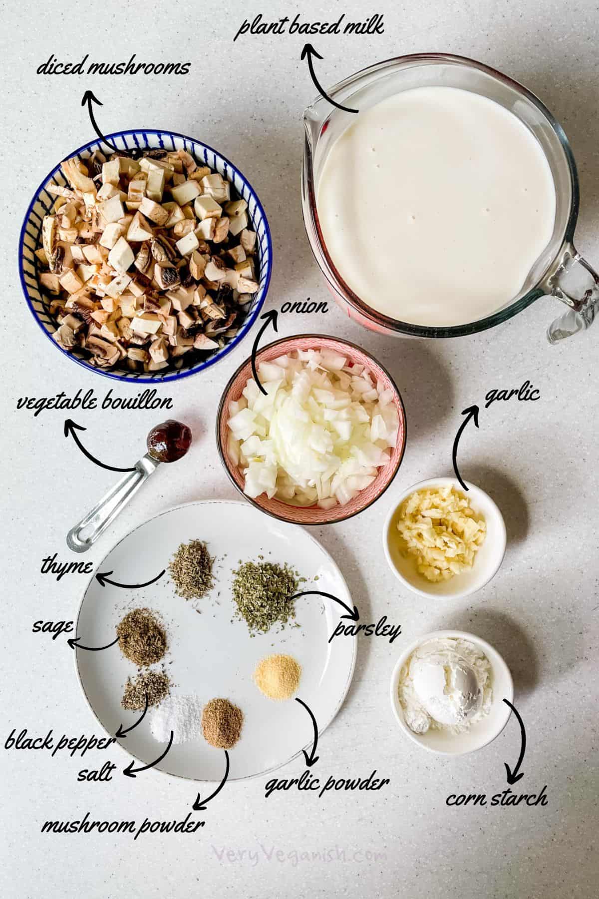 Ingredients for vegan cream of mushroom soup: plant based milk, diced mushrooms, vegetable bouillon, onion, garlic, corn starch, garlic powder, mushroom powder, salt, pepper, sage, thyme and parsley