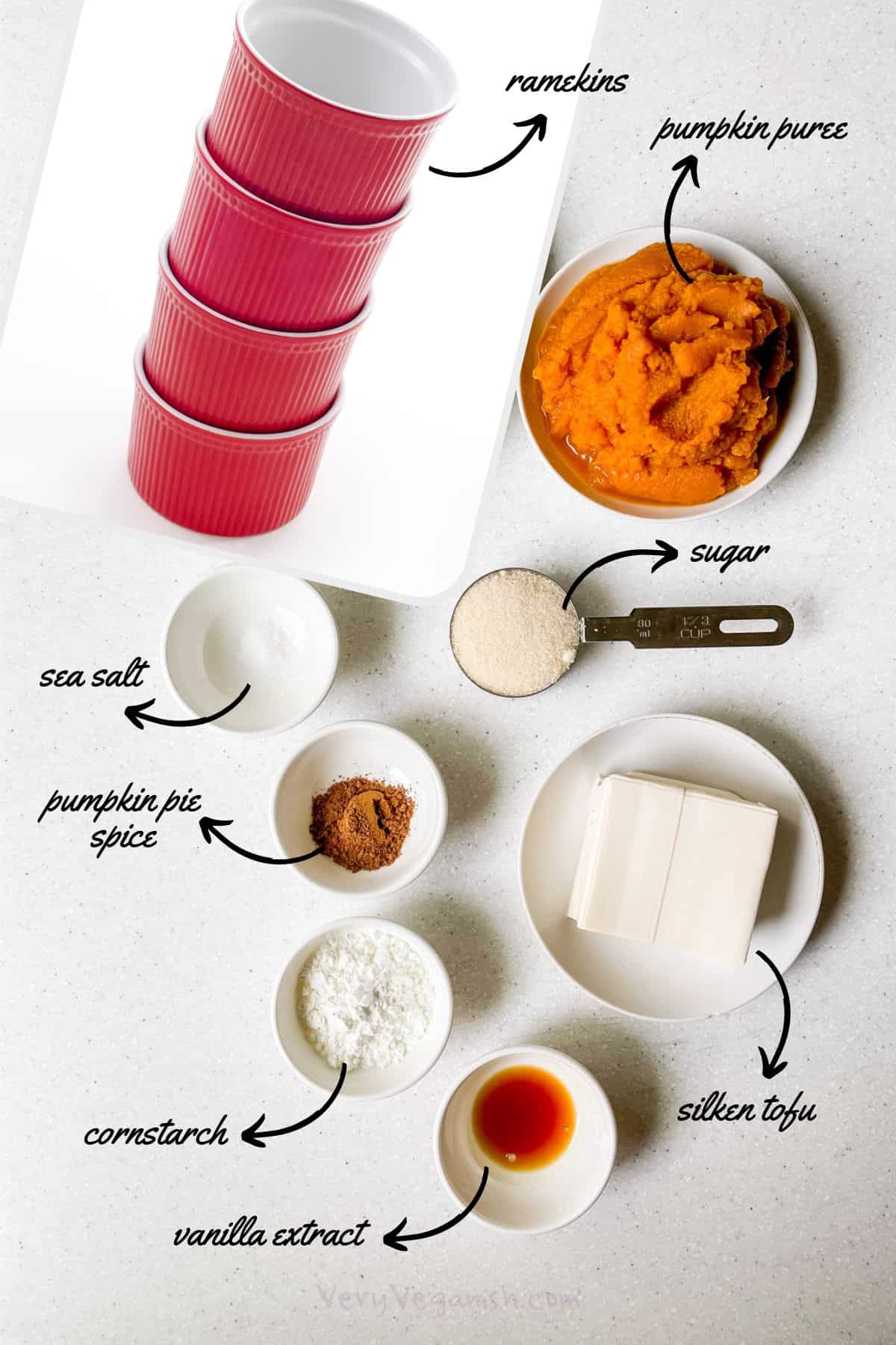 ingredients for crustless pumpkin pie: pumpkin puree, sugar, silken tofu, vanilla extract, cornstarch, pumpkin pie spice, salt