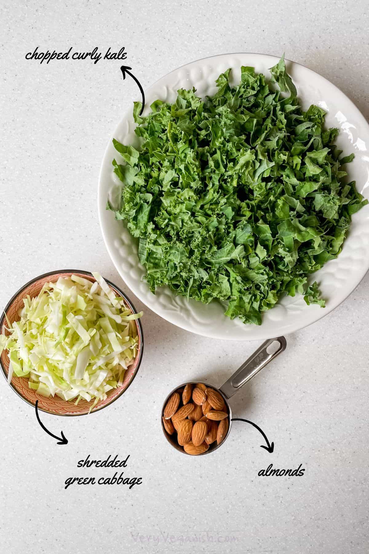 Ingredients for kale crunch salad copycat: chopped curly kale, shredded green cabbage, almonds