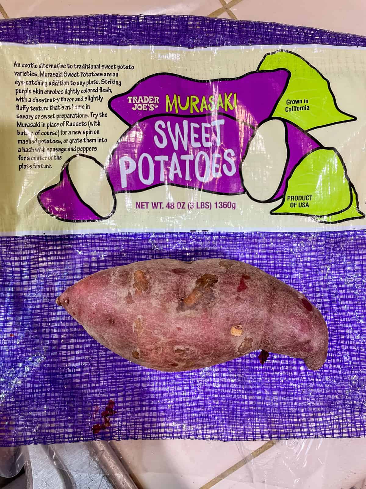 package of murasaki sweet potatoes with potato on top