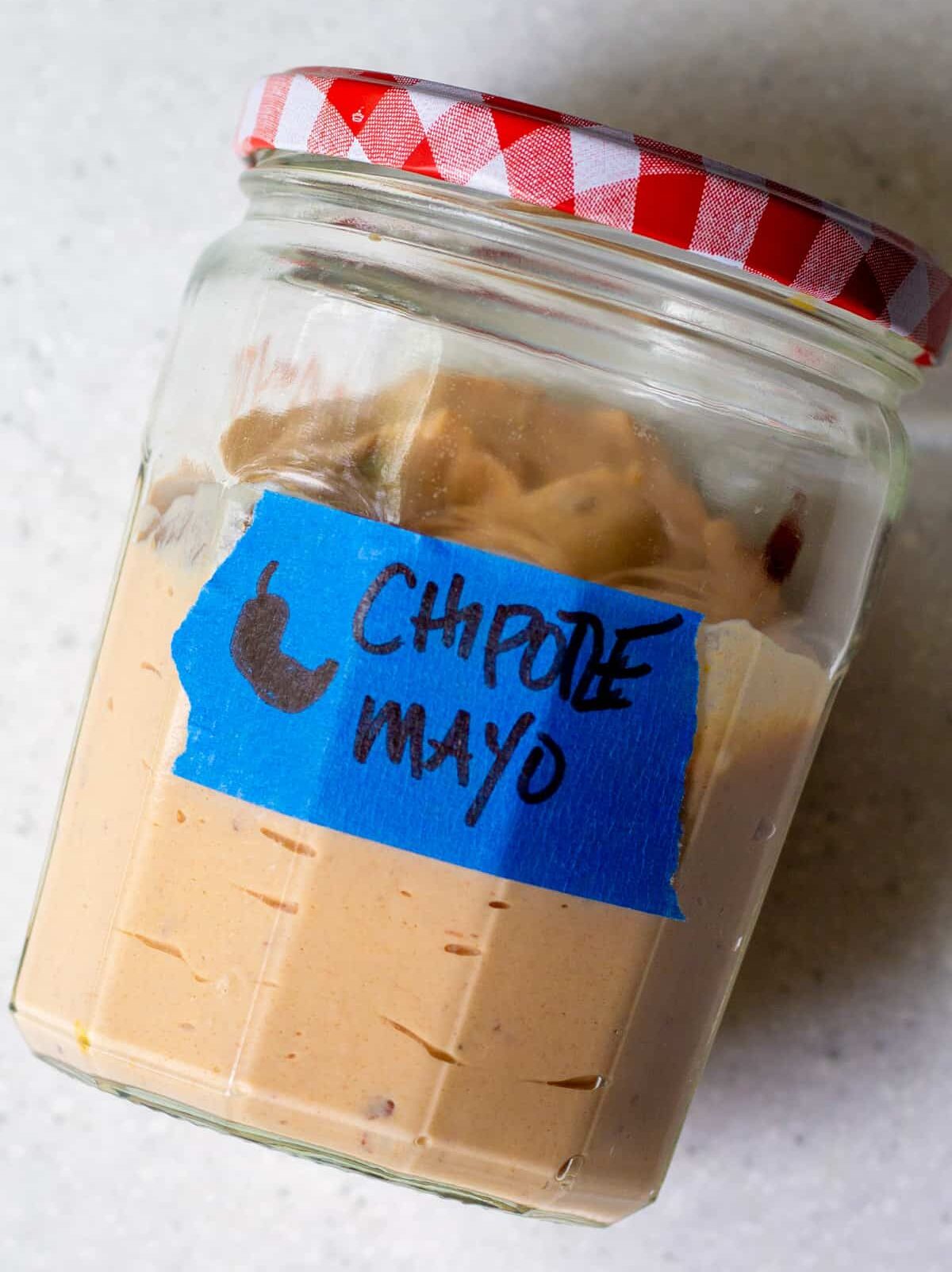 chipotle mayo in jar with red and white lid