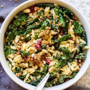 white bowl of kale orzo salad with cranberries and pecans with spoon resting on side