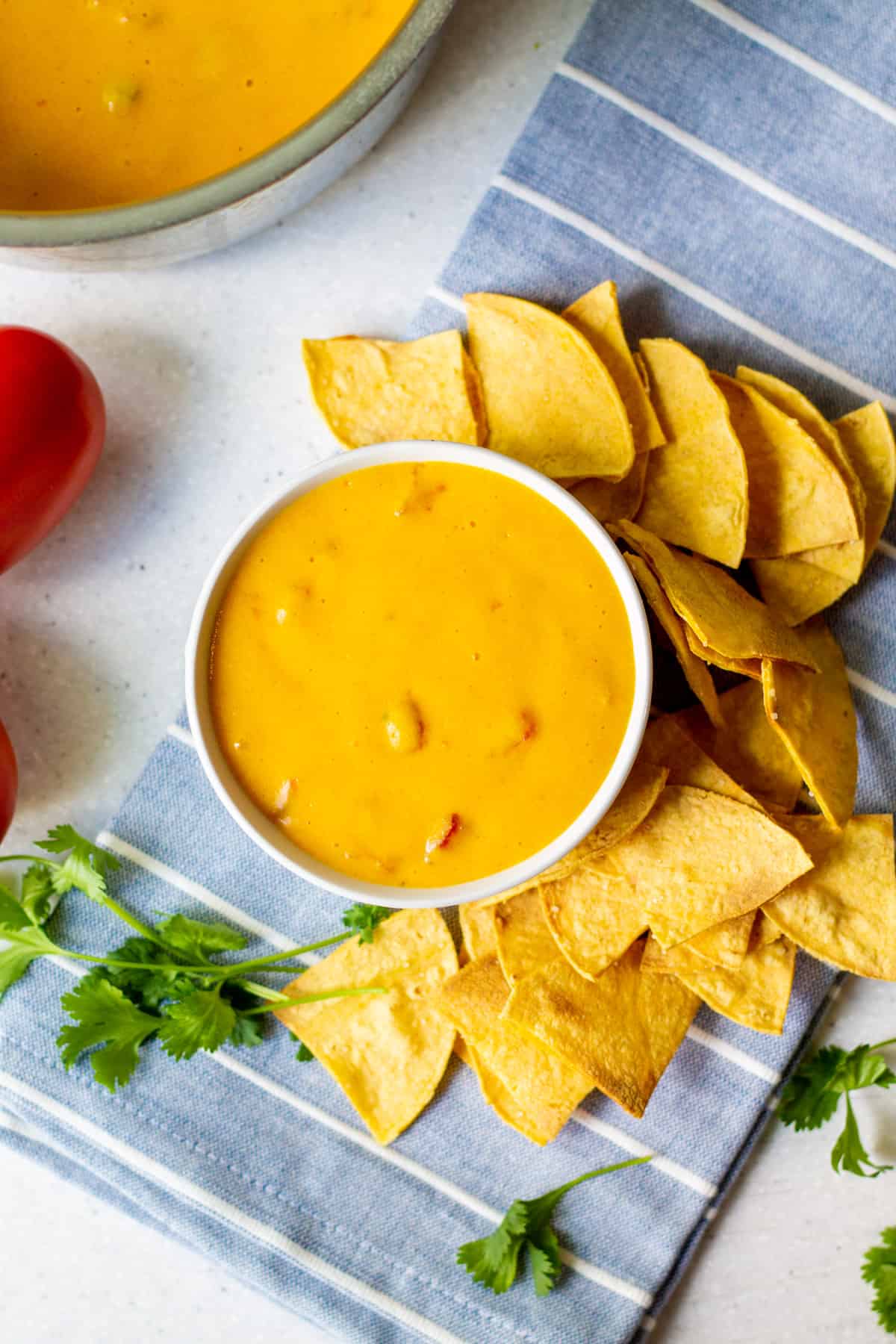 bowl of queso with chips around it and cilantro on the side
