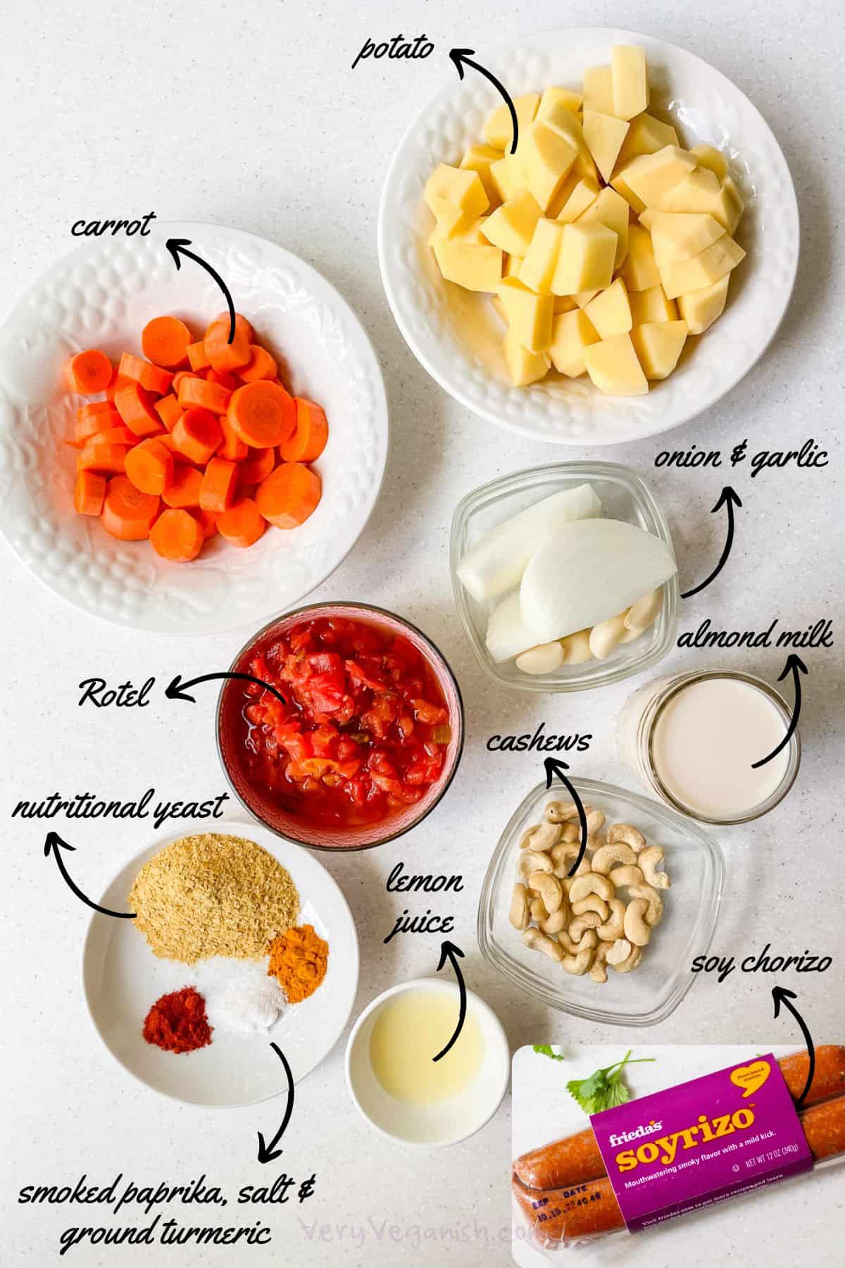 Ingredients: soy chorizo, potato, carrot, onion, garlic, cashews, almond milk, rotel or salsa, nutritional yeast, lemon juice, salt, ground turmeric, smoked paprika
