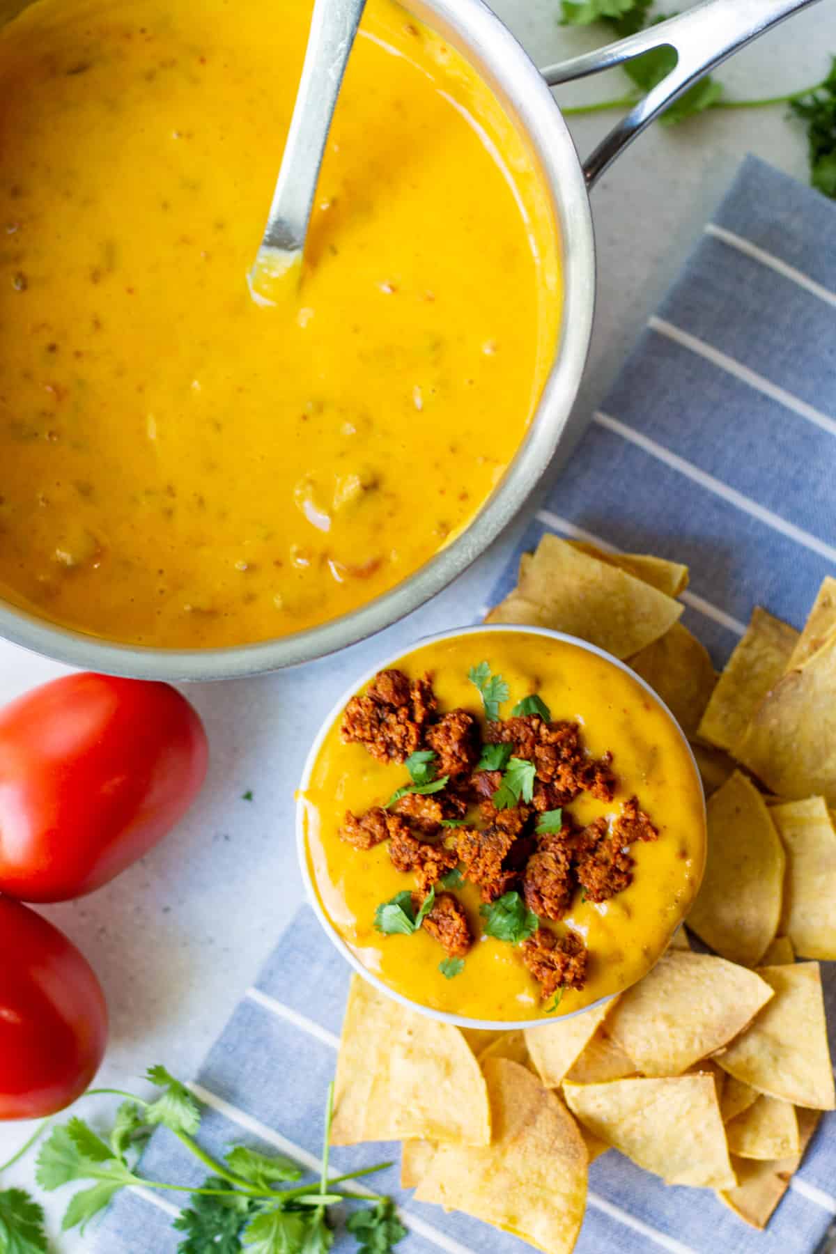 pan of choriqueso with bowl next to it, with chips and tomatoes