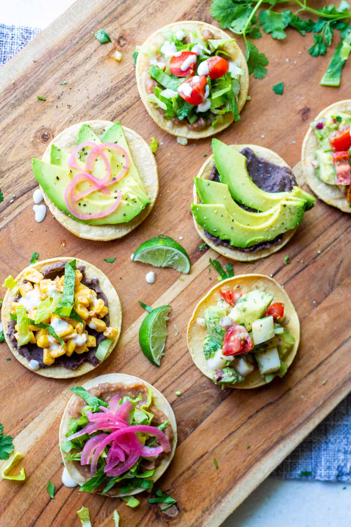 assorted mini tostadas topped with various vegan, meatless, vegetarian toppings of beans, ceviche, corn, crema, pickled onion, avocado and lettuce