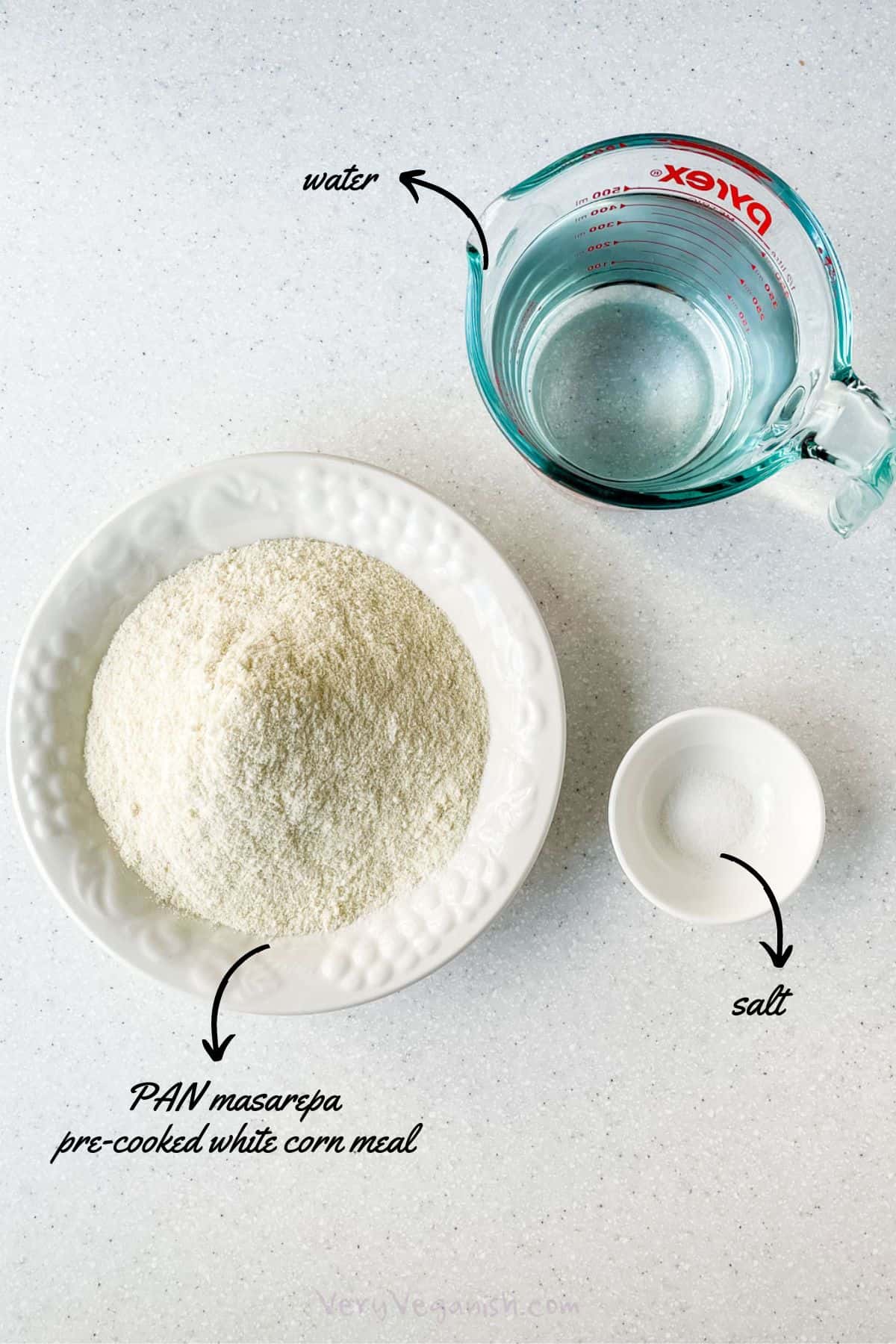 Ingredients for Venezuelan Arepas: PAN masarepa, water and salt