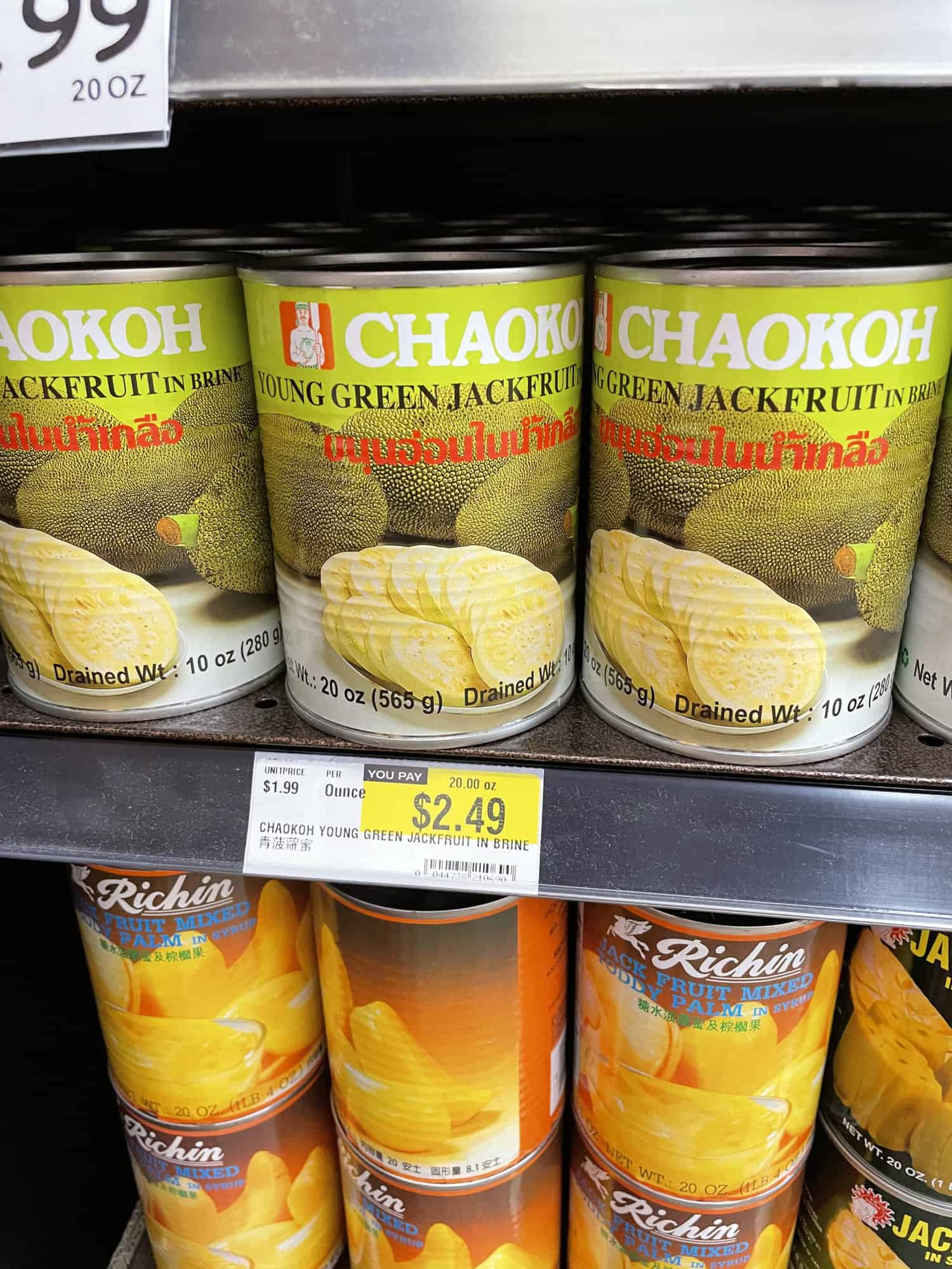 Cans of Chaokoh Young Green Jackfruit in water at H mart