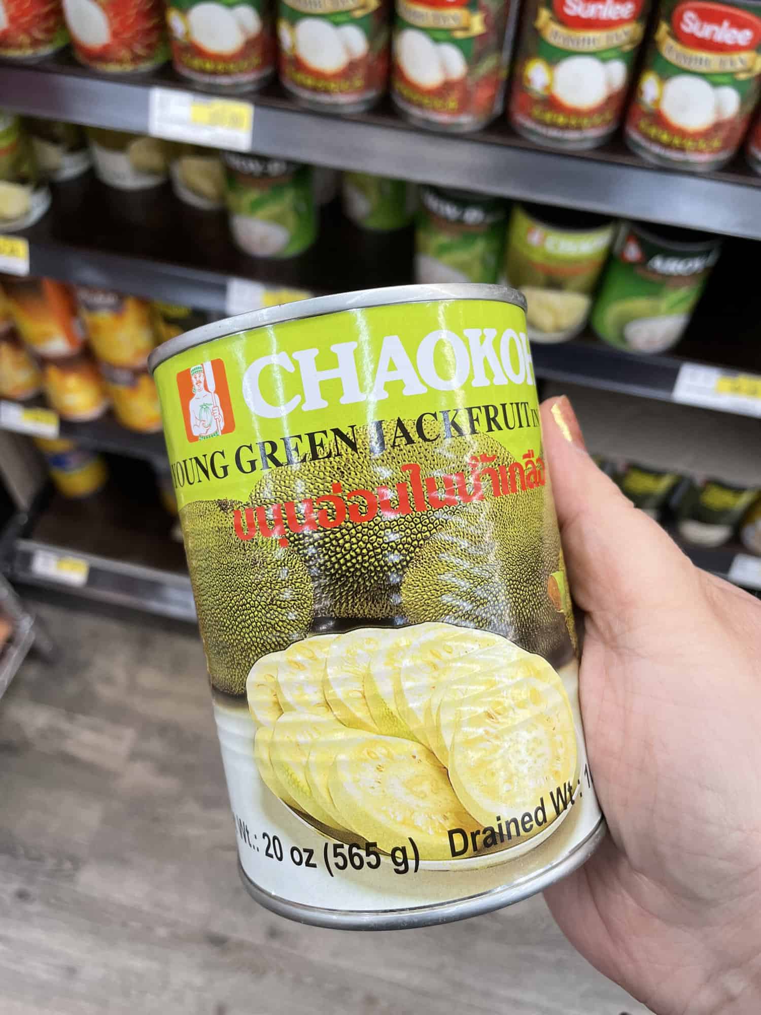 Can of Chaokoh Young Green Jackfruit in water at H mart