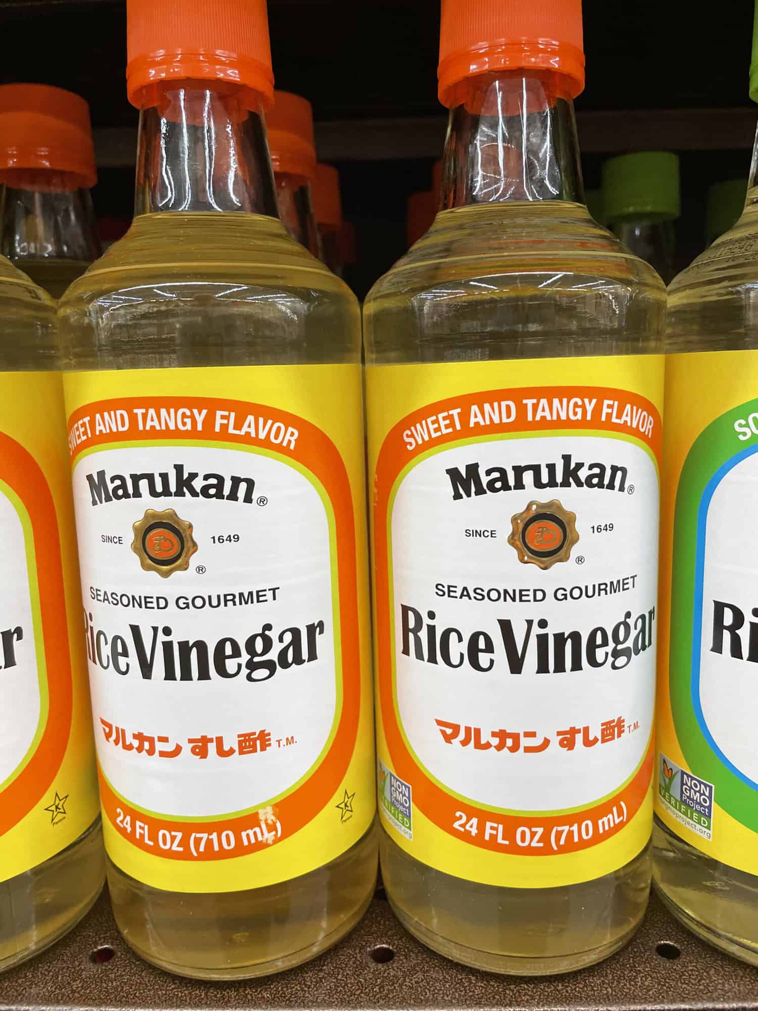 Bottles of seasoned rice vinegar by Marukan at H Mart