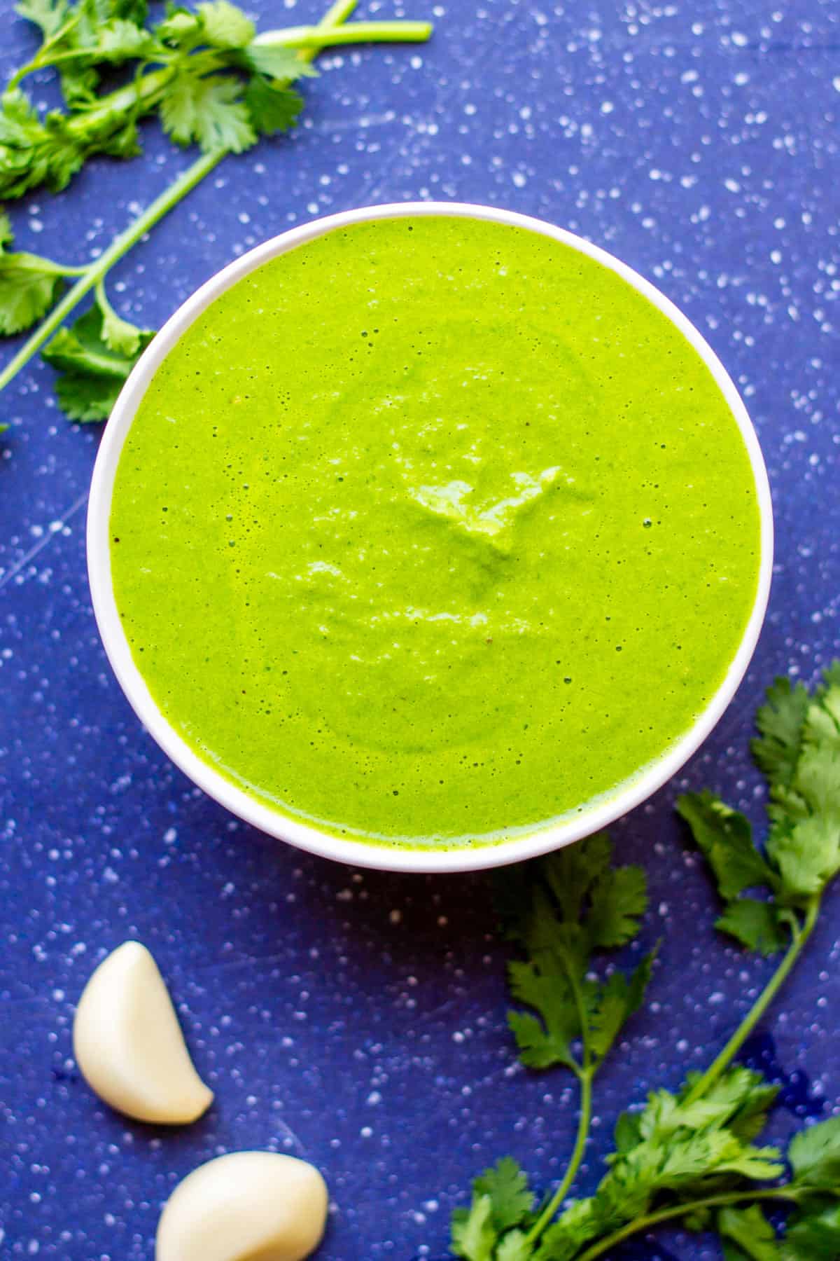 green sauce in white bowl with garlic and cilantro on the side