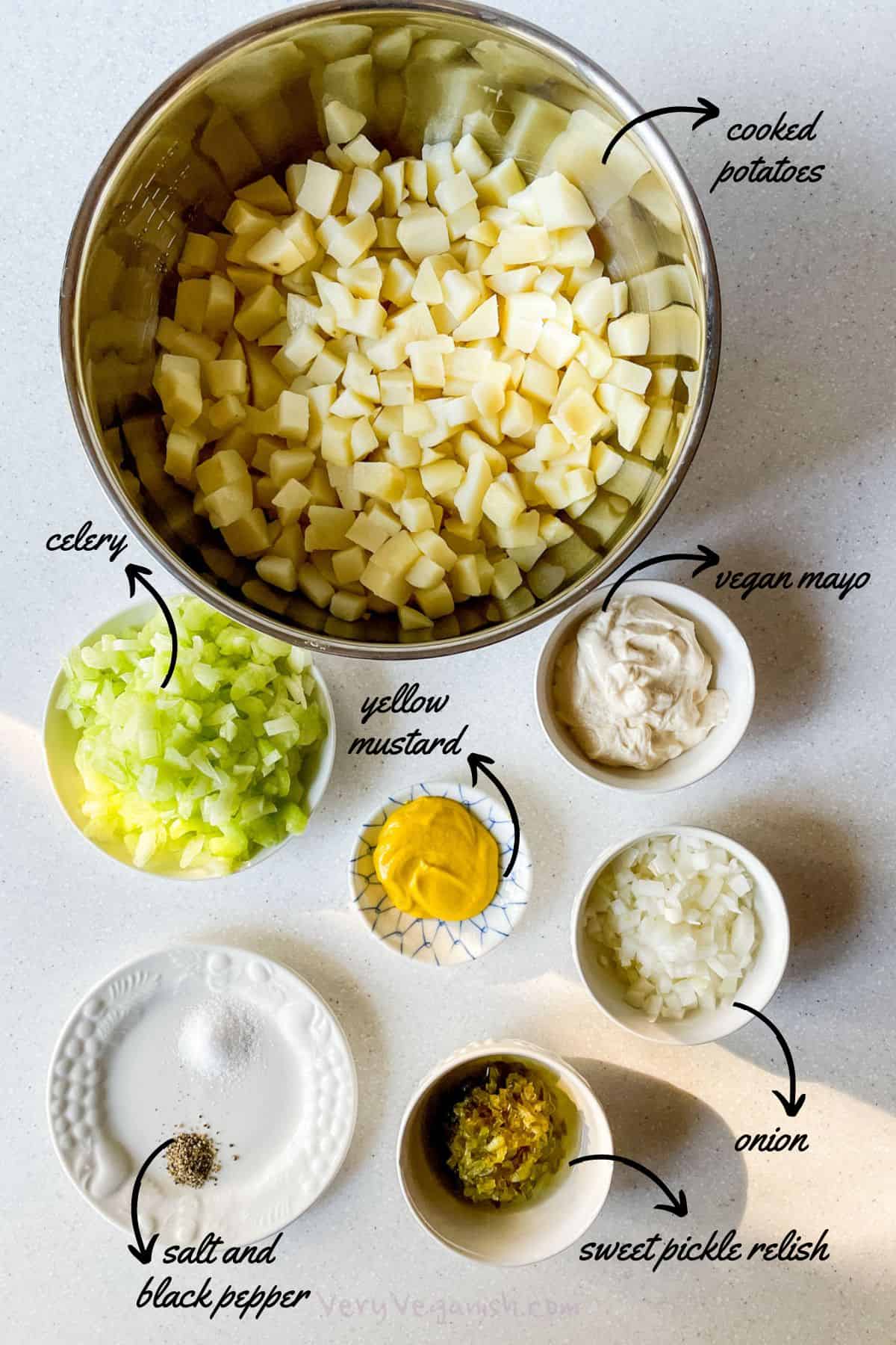 Ingredients: cooked potatoes, celery, vegan mayo, yellow mustard, onion, sweet pickle relish, salt and black pepper