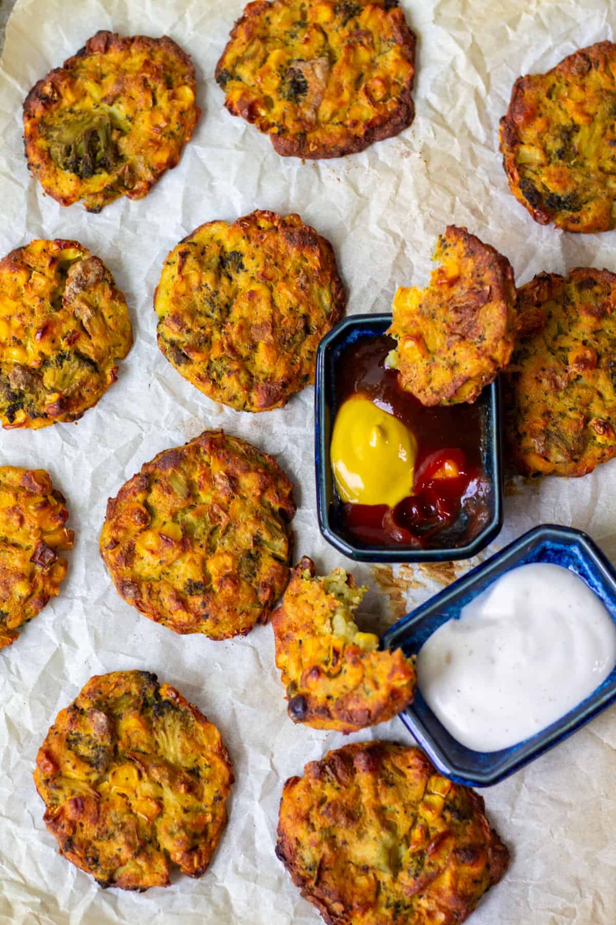 Baked Potato, Broccoli and Corn Fritters (oil-free, vegan)