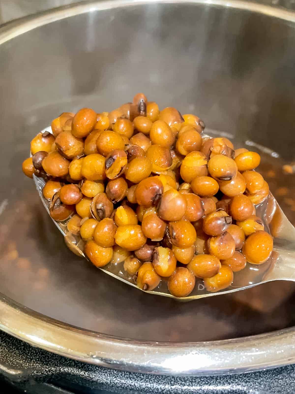big spoon of cooked pigeon peas from the instant pot