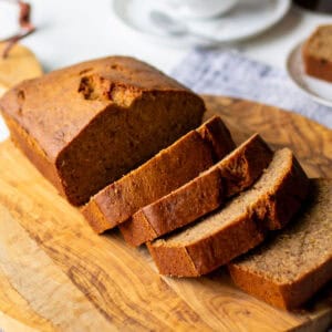 sliced loaf of banana bread on cutting board