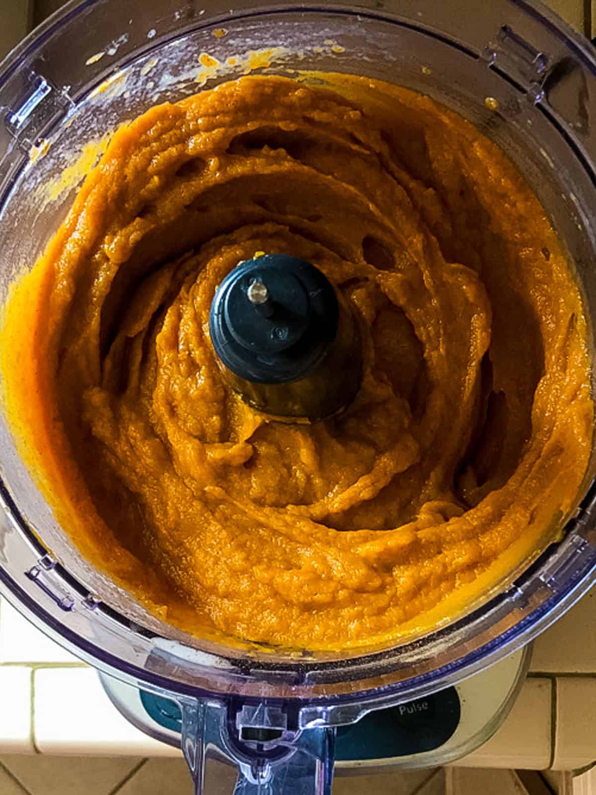 smooth pureed sweet potato pudding in food processor