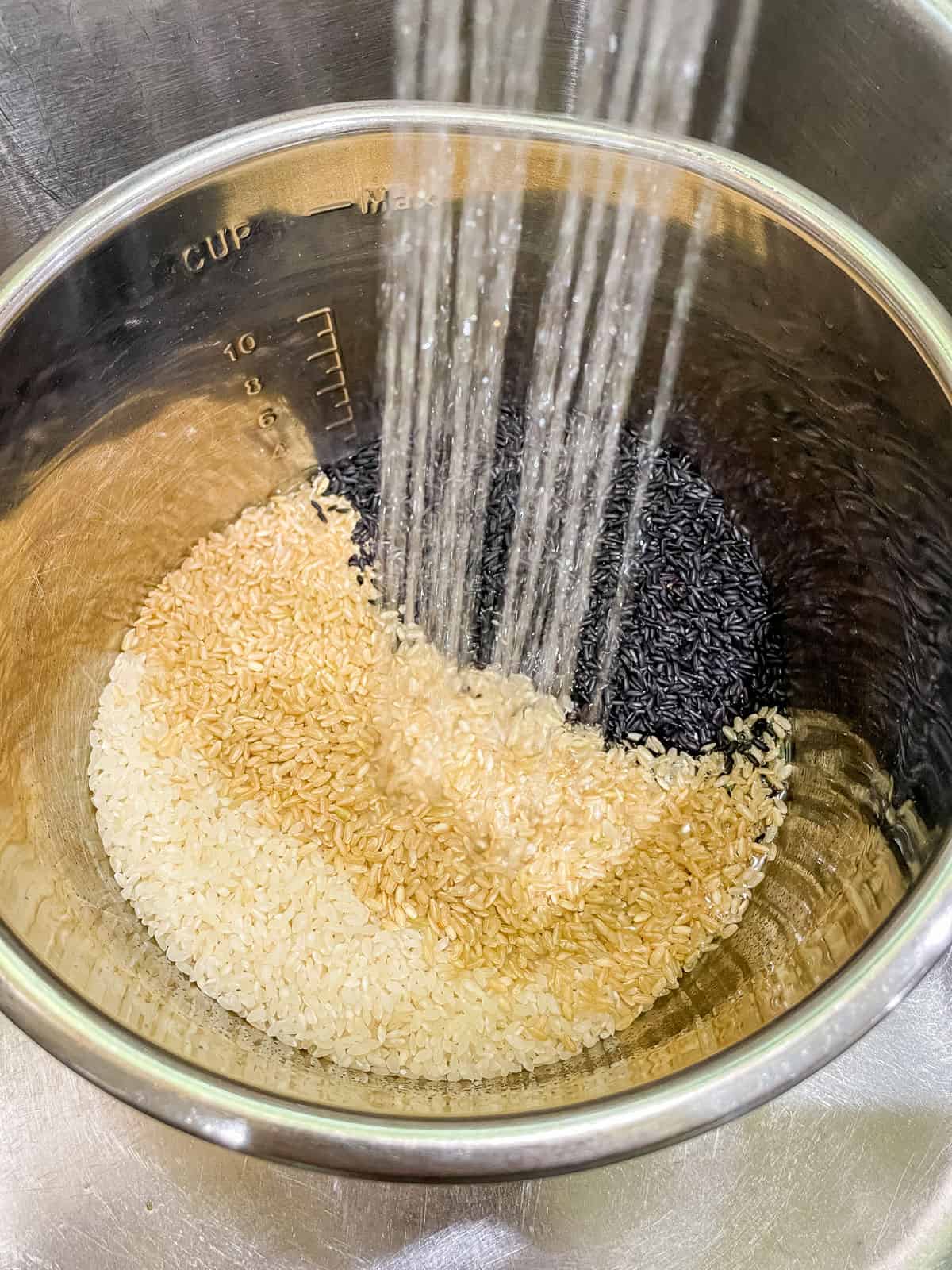 Process step 1 - add all three varieties of rice to IP insert and rinse them