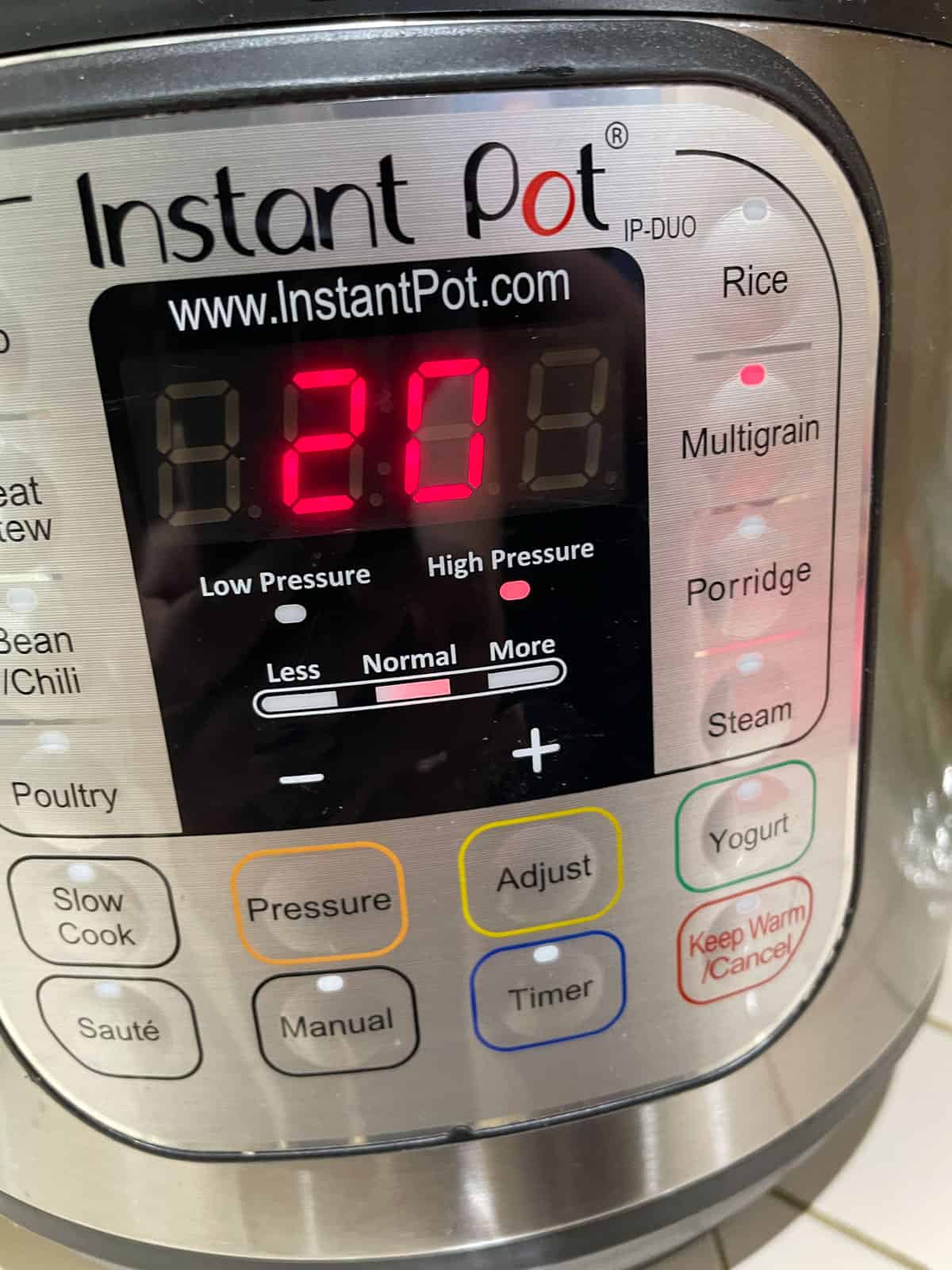 Process step 4 - set Instant Pot for 20 minutes on Multigrain setting