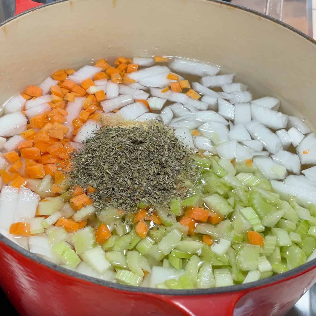 Process Step 1 - add water, onion, celery, garlic, carrot and spices to pot